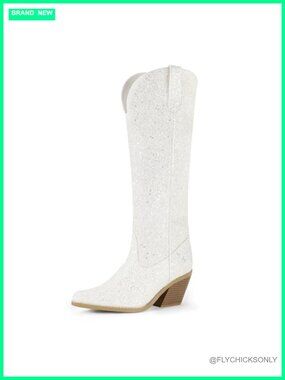 Sparkly Sequin Knee High Western Boots Women 3-Inch Block Heel Zip